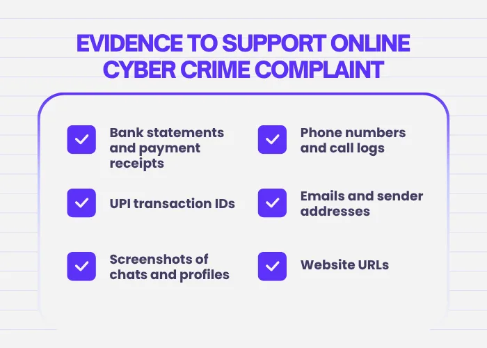 Evidence to support online cyber crime complaint